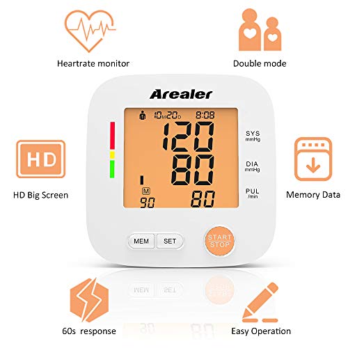 Blood Pressure Monitor Upper Arm, Arealer Automatic Blood Pressure Monitor Large Cuff, Digital Bp Cuff with Blood Pressure and Pulse Rate for Home Use, 2 * 90 Memory Mode, Batteries and Bag Included