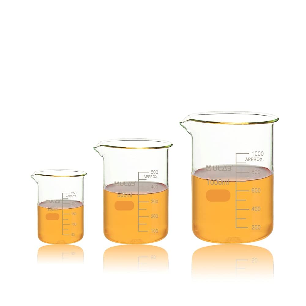 ULAB Scientific Glass Beaker Set, 3 Size of Vol. 250ml 500ml 1000ml, 3.3 Borosilicate Griffin Low Form with Printed Graduation, UBG1027