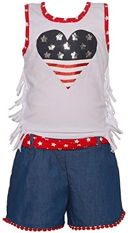 RMLA Big Girls White Red Navy Heart Flag Fringe Patriotic 2 Pc Short Set 8