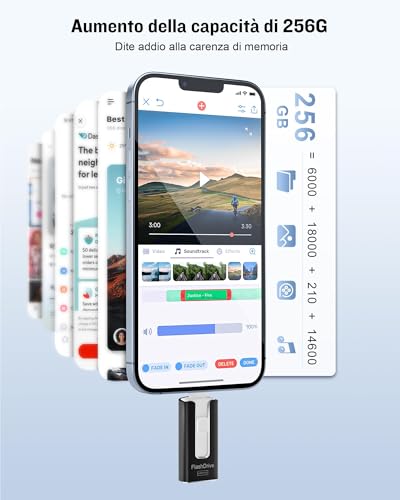 GNASEET 256GB External Memory for Phone and Android, USB 3.0 High Speed, 4 in 1 Phone Pendrive with USB-C/Micro USB/USB-A, External Hard Drive for Phone for Photos, Videos and Data, Black