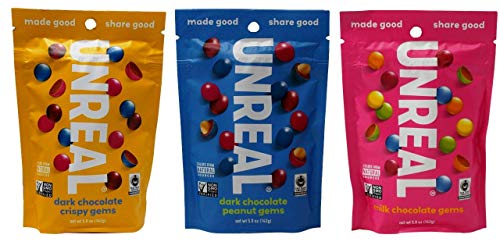 Unreal Non-GMO Fair Trade Chocolate Gems 3 Flavor Variety Gift Bundle, 1 each: Dark Crispy, Dark Peanut, Milk (5 Ounces)
