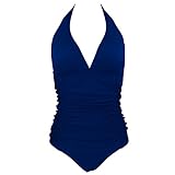 Womens Solid Color Vintage V Neck Tummy Control One Piece Swimsuit