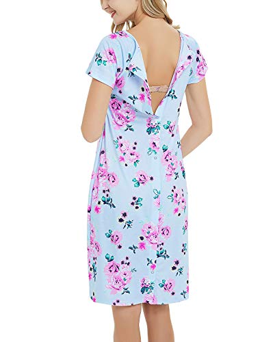 Maternity Labor Delivery Gown Hospital Nightgown Nursing Nightdress with Matching Pillowcase Blue Floral Dress L - Thumbnail 2