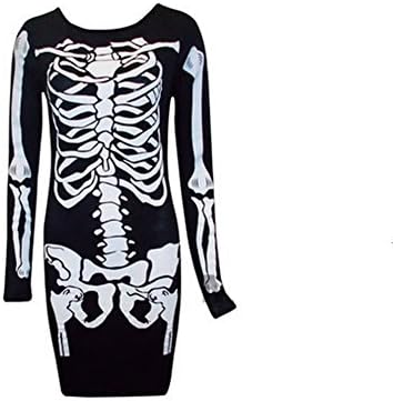 XXIAO Womens Ladies Skeleton Skull Bone Print Stretch Mini Bodycon Tunic Dress Top (L)