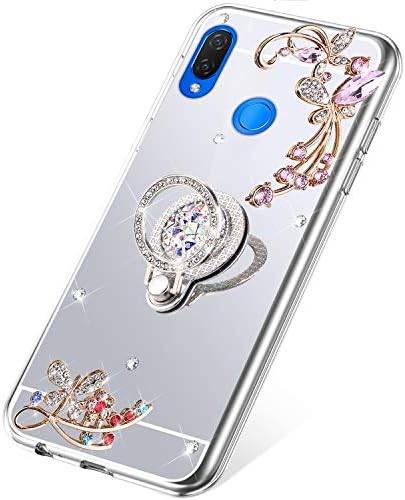SainCat Case Compatible with Huawei Nova 3i/P Smart Plus case Mirror Glitter Bling Diamond Flowers and Butterfly With Sparkle Rhinestone Ring Stand Soft TPU Silicone Gel Bumper Case+Silver