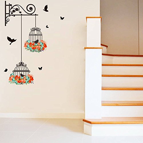 BIBITIME 2 Flower Wreath Birdcages with Black Birds Wall Decal Vinyl Butterfly Sticker for Office Window Living Room Porch Door Back Kitchen Bedroom DIY Art Mural
