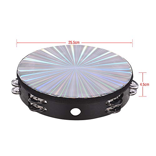 Muslady 8 inch /10 inch Wooden Radiant Tambourine Handbell Hand Drum with Double Row Jingles Reflective Drum Head Percussion Instrument Musical Toy