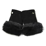 ELMA Women's Suede Leather Fingerless Gloves with Rabbit Fur Trim