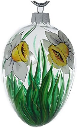 "White Daffodils" Hand Blown Glass Easter Egg Ornament.