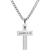 Cross Necklace With Bible Verse John 3 16 For Men Women Silver Christian Inspirational Religious Faith Baptism Stainless Steel Jewelry Gift Cuban Chain 24 inch
