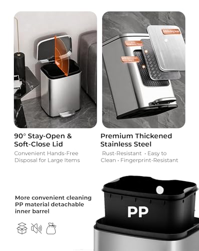 Foot Pedal Trash Can with Soft-Close Lid – Stainless Steel Trash Bin with Removable Inner Bucket, Hands-Free Pedal Garbage Bin for Kitchen, Bathroom, Office & Bedroom - Silver 20L