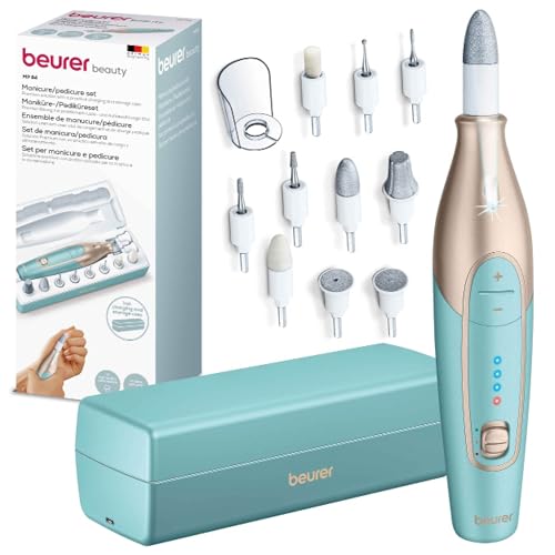 Beurer MP 84 Set de manicura/pedicura, lima de uñas eléctrica con batería recargable, 10 accesorios, luz LED, incluye estuche, hasta 4400 rpm, torno de uñas para el cuidado de manos y pies