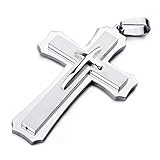 MENDINO Mens Large Polished Stainless Steel Three Giant Cross Pendant Necklace Silver with 22 inch Chain