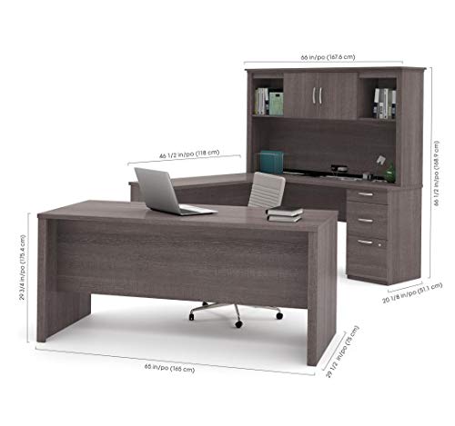Bestar Logan U or L-Shaped Executive Office Desk with Pedestal and Hutch in bark Grey, 66W - Thumbnail 6