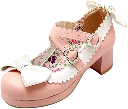 Agodor Womens Mid Block Heel Mary Janes Ankle Strap Court Shoes with Bowtie Platform Cute Lolita Pumps