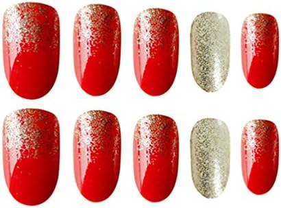 Pixnor 2セット偽爪フルカバーミディアムフェイクネイルレッドゴールドグリッター光沢アートヒント