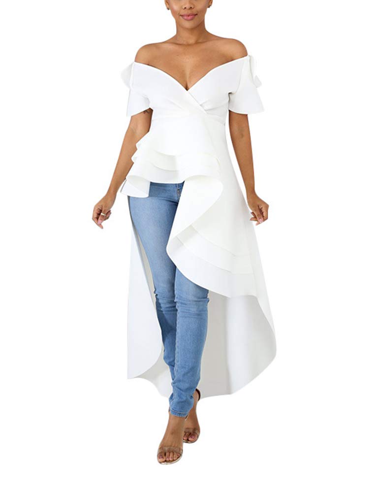womens ruffle high low asymmetrical short sleeve bodycon tops blouse shirt dress