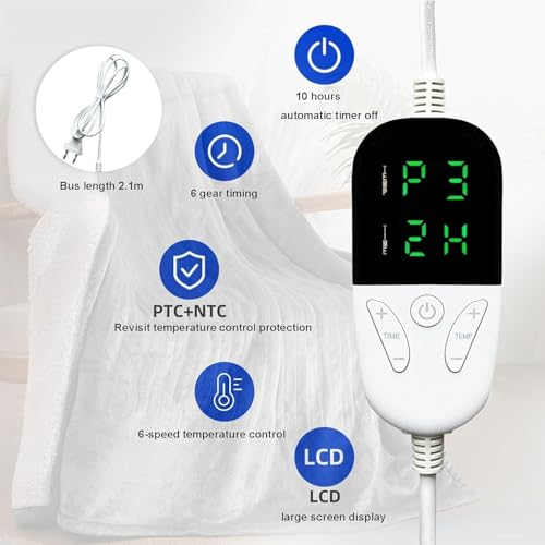 Heated Blanket Electric Throw 130x150cm, Soft Flannel Heating Blanket with 6 Heat Levels & Auto Off, Fast Heating Machine Washable for Home Office