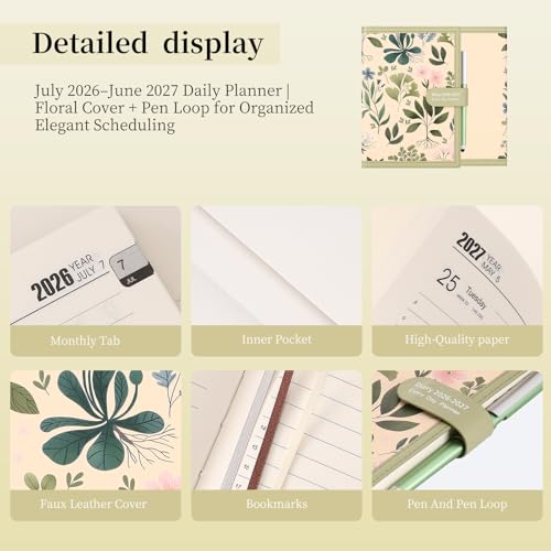 Mljtoyo Academic Planner 2026-2027, A5 Page Per Day, Daily Planner July 2025 - June 2026, A5 Daily Planner with Pen, Stickers, Back Pocket, 3 Bookmarks (Matcha Green, A5)