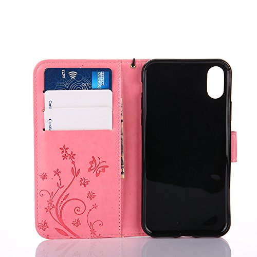 Wallet Leather Case for iPhone X,Book Style Pu Leather Case for iPhone X,Herzzer Retro Light Pink Butterfly Flower Pattern Flip Fold Pouch Case with Card Holders Stand Magnetic Case - Thumbnail 4