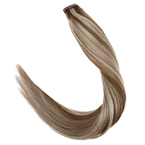 LaaVoo 18" Straight Long Ponytail Human Hair Extension Hairpiece Wrap Around Pony Tail Clip in Hair Extensions For Girl Lady Woman Highlight Color Light Brown to Light Blonde 80g