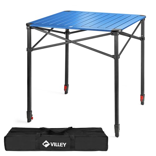 VILLEY Folding Table with Carry Bag, Portable Aluminium Folding Table, Height Adjustable Camping Table, Camping Table for Picnic, Fishing, Camping, Beach and Extrior, 70 x 70 x 78 cm