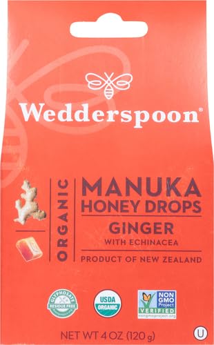 WEDDERSPOON ORGANIC MANUKA HONEY DROPS, GINGER & ECHINACEA, 20 COUNT (PACK OF 1) | GENUINE NEW ZEALAND HONEY | PERFECT REMEDY FOR DRY THROATS