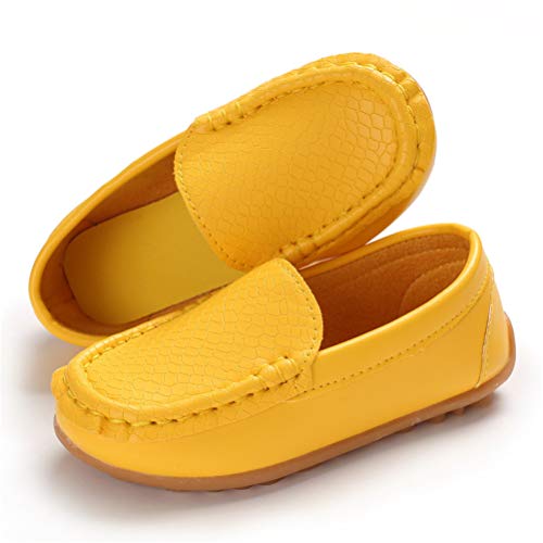 E-FAK Toddler Boys Girls Soft Synthetic Leather Loafers Slip On Boat Dress Shoes Flat (Toddler/Little Kid/Big Kid)(5 M US Toddler,Yellow) - Thumbnail 5