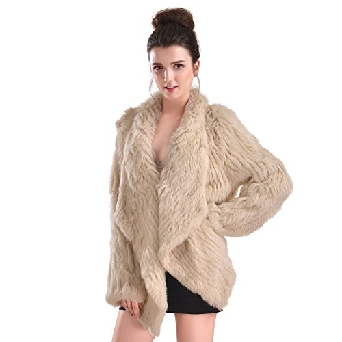 Vemolla Women's Genuine Knit Rabbit Fur Coat Jacket Outwear with Pocket - Thumbnail 4