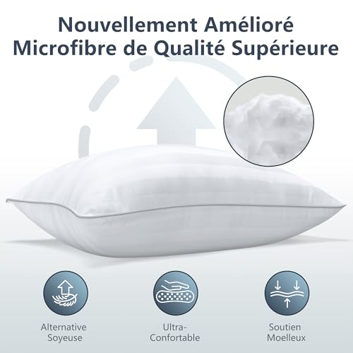 TESQ Oreiller 60x60 cm - Oreillers Lot de 2 Luxe Hôtelier au Remplissage Amélioré, Confortable et Respirant Certifié Oeko-TEX, Idéal pour Dormeurs sur Le Côté, Le Dos et Le Ventre, Lavable
