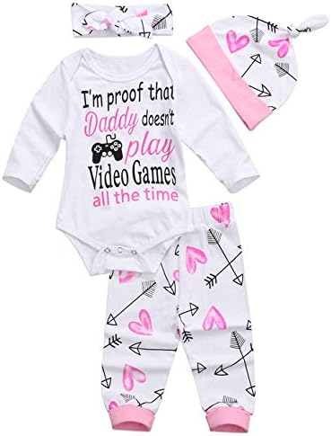 Newborn Baby Girls Clothing Set Letter Words Romper Bodysuit Headband Hat Pants Outfits