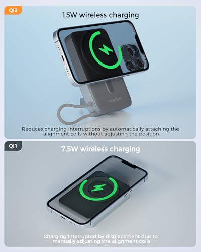 TESSAN 10000mAh Power Bank Inalabrico, PD 35W Cargador USB C Magnética Carga rápida, Batería Portátil con Cable USB-C Incorporado y Soporte Compatibles con iPhone Serie 17/16/15