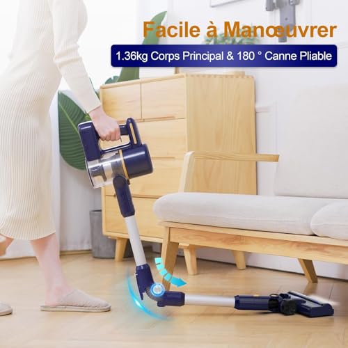Aspirateur Balai sans Fil, aspirateur sans Fil Puissant, Aspirateur Pliable, 40Min Autonomie, Brosse Anti-emmêlement, 6 en 1 Aspirateur sans Sac Léger Silencieux pour Sol Dur Tapis Poils d'animaux(BM)