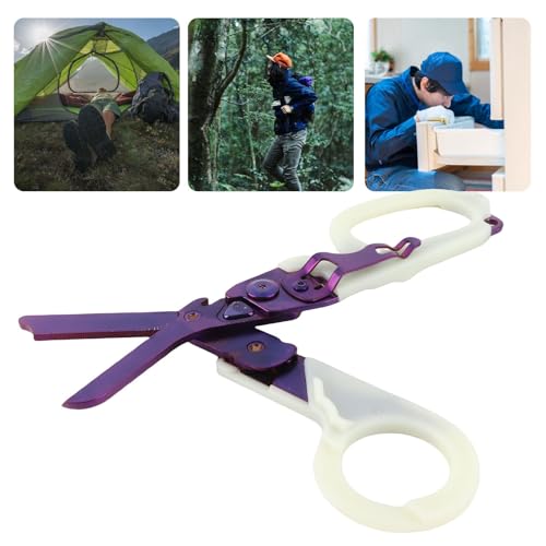 Herramientas de Tijeras de Rescate para Acampar, corte de trauma plegable con interruptor de vidrio de acero inoxidable Manija luminosa de trauma plegable para al aire libre (Púrpura)