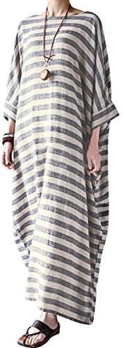 Bohistyle Women Plus Size Striped Batwing Linen Cotton Loose Kaftan Casual Dress Black 3XL