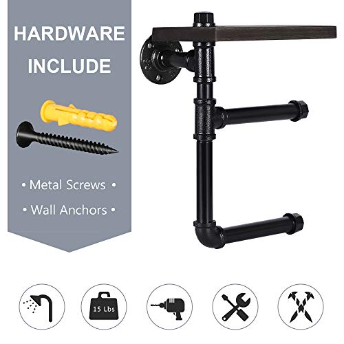JS NOVA JUNS Industrial Paper Tower Holder, Toilet Roll Holder Wall Mount with Wood Shelf Storage, Black Electroplated Pipe Tissue Holder for Bathroom, Washroom, Double