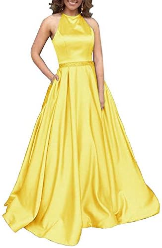 Halter A Line Prom Dresses Long Beaded Satin Ball Gown Open Back Formal Evening Gowns with Pockets