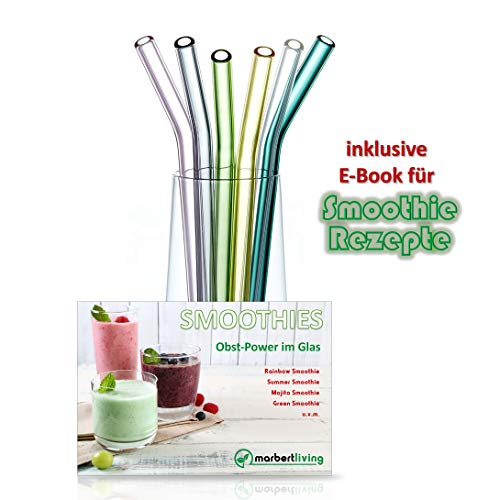 Wiederverwendbare Premium Glas Strohhalme inkl. Reinigungsbürsten und Smoothie Rezepten - 6er Set gebogen, 20cm x 8mm… – Bild 2
