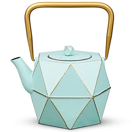 Toptier Cast Iron Teapot, Stovetop Safe Japanese Cast Iron Tea Kettle, Diamond Design Tea Pot with Removable Infuser for Loose Tea, 30 Ounce (900 ml), Light Green