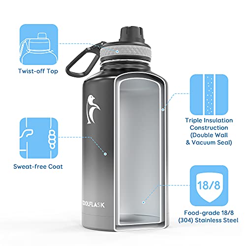 Half Gallon Insulated Water Bottle with Straw & 3 Lids, Coolflask 64 oz