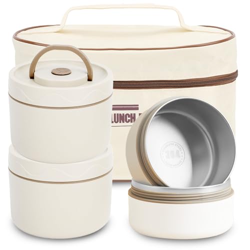 Caja Térmica de Acero Inoxidable 304 con Tapa, multifunción, portátil, redondo, con bolsa térmica, color beige, para el Trabajo, la Escuela, Comedor Al Aire Libre 4 unidades