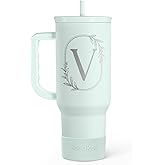 Personalized Monogrammed Tumbler with Handle 40oz, Letter V Tumblers Insulated Coffee Travel Cup, Custom Initial Gift for Women Girls Friends, Monogram Gift for Christmas Birthday Mothers Day