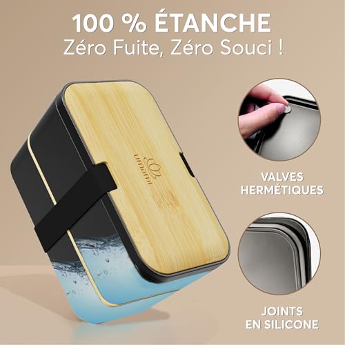 Umami Bento Lunch Box, Cutlery & 2 Sauce Pots Included, Built-in Lunch Box, Microwavable Lunchbox Adult Lunch Box, Bento Box Black Onyx & Beige, 1500 ml