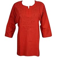 Mogul Interior Womens Tunic Top Cotton Chikan Floral Embroidered Bohemian India Kurta S