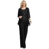 3 Pieces Mother of The Bride Pant Suits Long Laces Appliques 3/4 Sleeves Chiffon Mother of The Groom Dress
