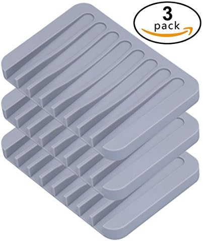 xiaomaizi Soap Stand 3 Pack of Soap Dishes Silicone Kitchen Soap Holder Drainer Bathroom Soap Tray Sink Soap Saver for Shower/bar, Rectangle, Grey