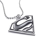 TEMEGO Jewelry Mens Alloy 2-Tone Superman Symbol Pendant Necklace Chain, Black Silver