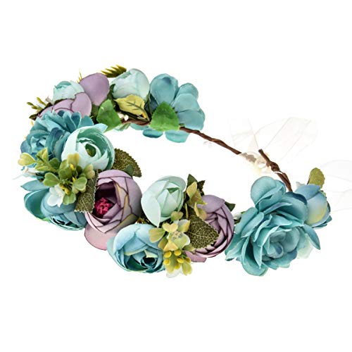 June Bloomy Women Rose Floral Crown Hair Wreath Leave Flower Headband with Adjustable Ribbon (1# Blue)