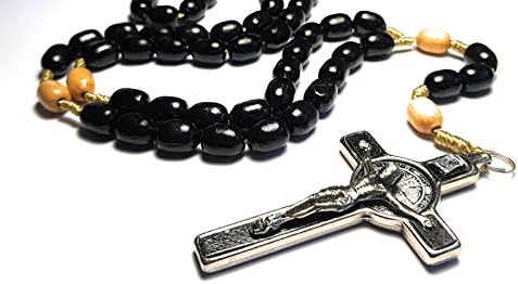 big solid masculine look &amp; feel ideal men's Rosary with medal and cross of Saint Benedict patron saint of students, kidney diseases, farm workers and civil engineers and Good Death (Black)