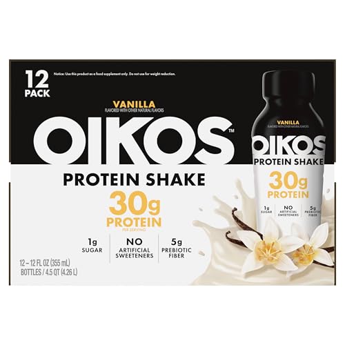 OIKOS PROTEIN SHAKE, VANILLA, 30G HIGH PROTEIN DRINKS, SHELF STABLE, READY TO DRINK, 5G PREBIOTIC FIBER, 12 FL OZ BOTTLE, 12 COUNT​